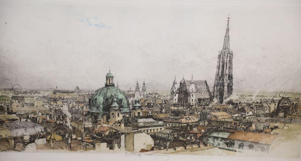 Luigi Kasimir (1881-1962), coloured etching, View of Viennese roof tops, signed in pencil, overall 47 x 77cm